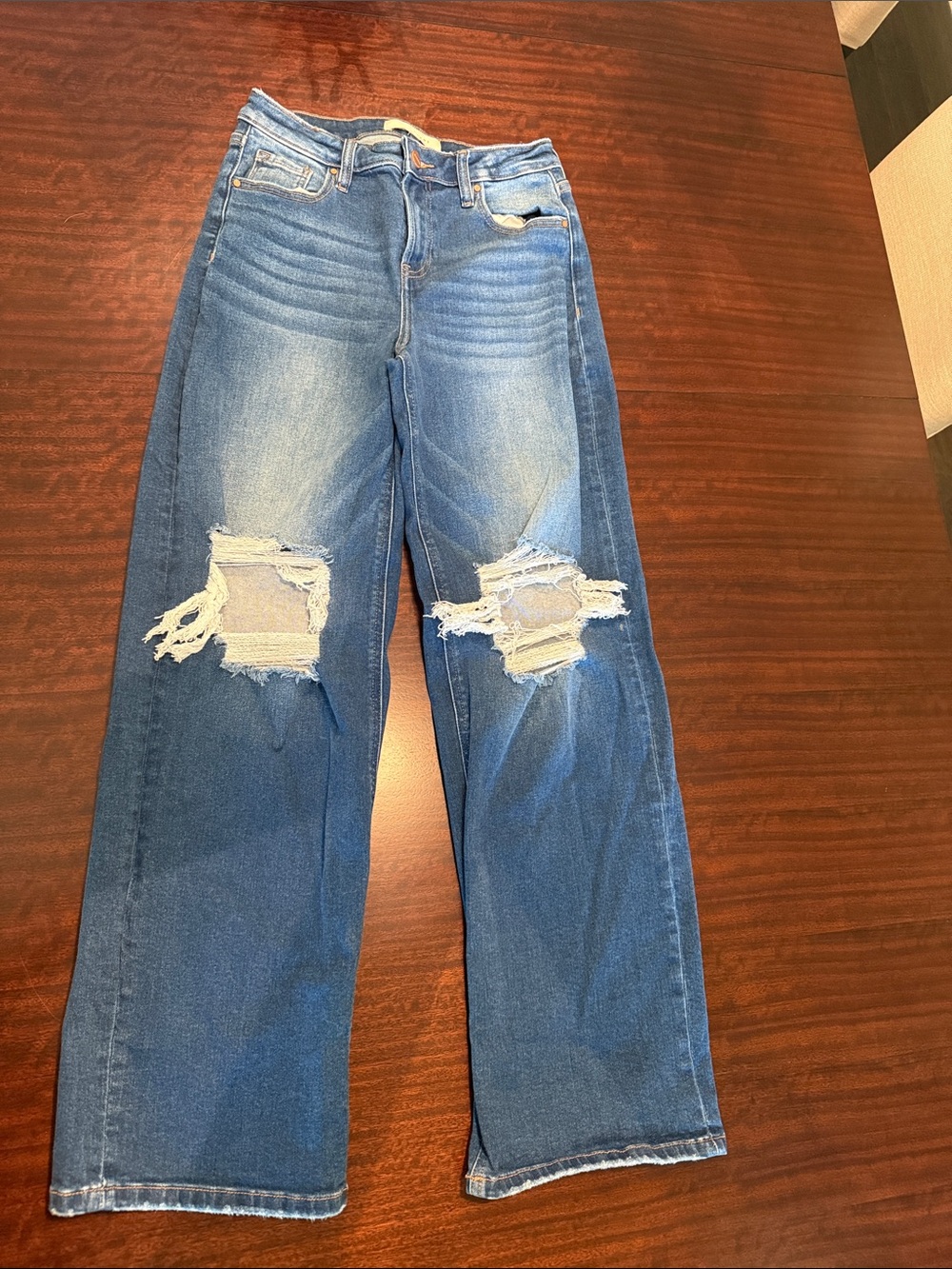 High-Rise Blue Wide Leg Distressed Jeans